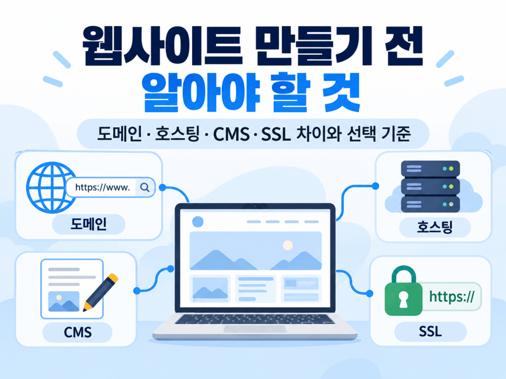 웹사이트 만들기 전에 알아야 할 4가지|도메인·호스팅·CMS·SSL 차이와 선택 기준